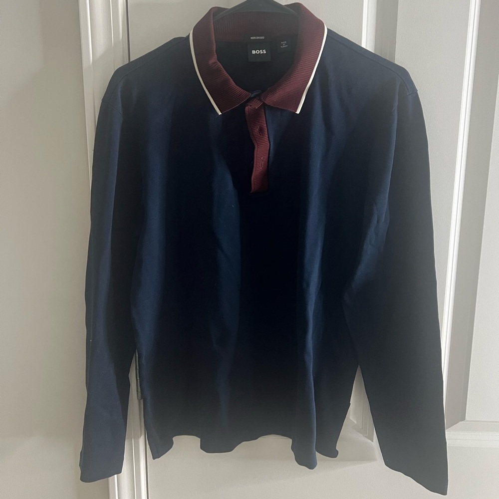 Boss Dark Blue Polo with Maroon Collar